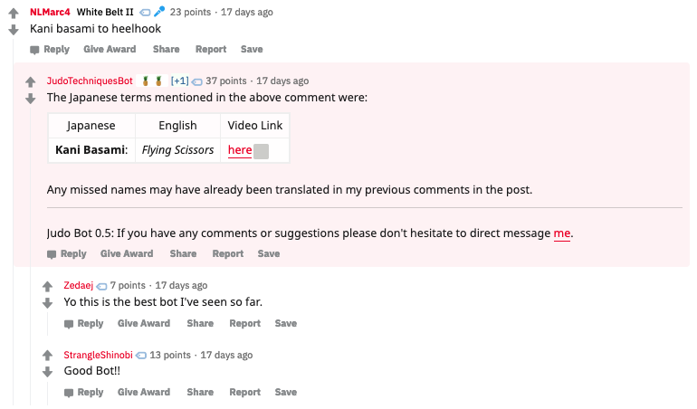 Screenshot of JudoTechniquesBot replying on Reddit